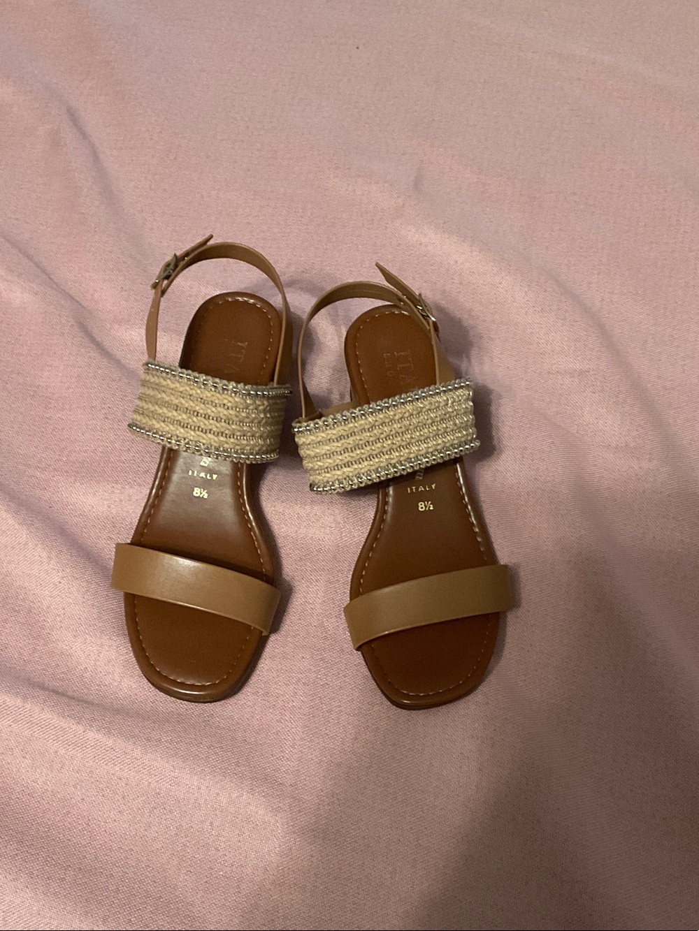 Italian Shoemakers Brown Leather Sandals with Natural Woven Strap